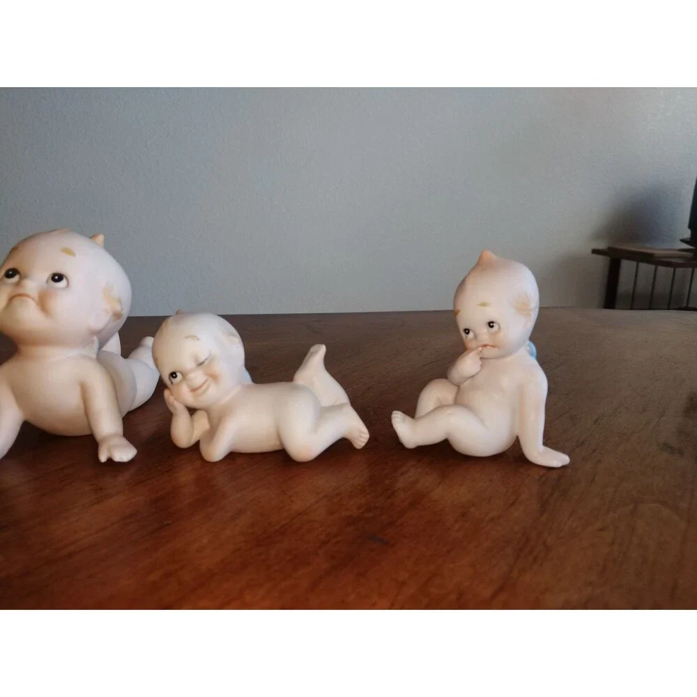 5x Vintage Lefton? Bisque Rose O'Neill Kewpie Doll Blue Wings 4 Mini + 1 Bigger